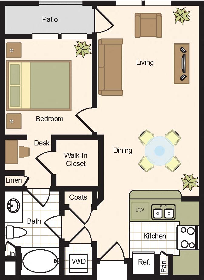 Floor plan for 1 bed, 1 bath, 844 sqft